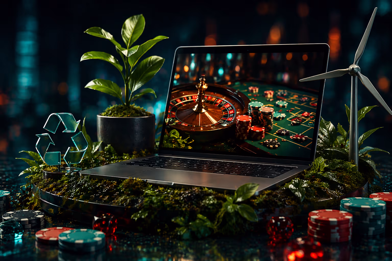 Green futuristic online casino interface with eco symbols and renewable energy elements